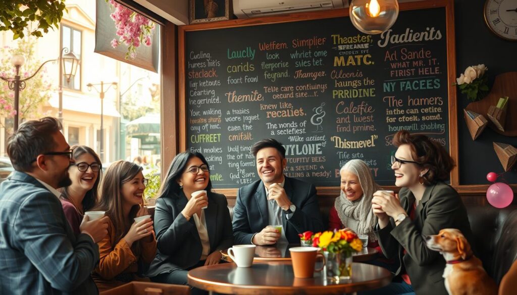 A whimsical scene depicting a cozy urban café filled with people enjoying their daily lives, radiating humor and inspiration. In the foreground, a diverse group of friends, dressed in smart casual attire, share a hearty laugh while sipping coffee, their joyful expressions capturing the essence of life's funny wisdom. The middle ground showcases a chalkboard filled with colorful, handwritten quotes and lifelike caricatures of humorous life sayings. The background features a sunlit street with blooming flowers and playful dogs, contributing to a warm, inviting atmosphere. The image is shot on a Sony A7R IV, 70mm, with sharp focus, vivid colors, and enhanced clarity, using a polarized filter to emphasize the lively ambiance and uplifting mood of everyday wisdom. A whimsical scene depicting a cozy urban café filled with people enjoying their daily lives, radiating humor and inspiration. In the foreground, a diverse group of friends, dressed in smart casual attire, share a hearty laugh while sipping coffee, their joyful expressions capturing the essence of life's funny wisdom. The middle ground showcases a chalkboard filled with colorful, handwritten quotes and lifelike caricatures of humorous life sayings. The background features a sunlit street with blooming flowers and playful dogs, contributing to a warm, inviting atmosphere. The image is shot on a Sony A7R IV, 70mm, with sharp focus, vivid colors, and enhanced clarity, using a polarized filter to emphasize the lively ambiance and uplifting mood of everyday wisdom.