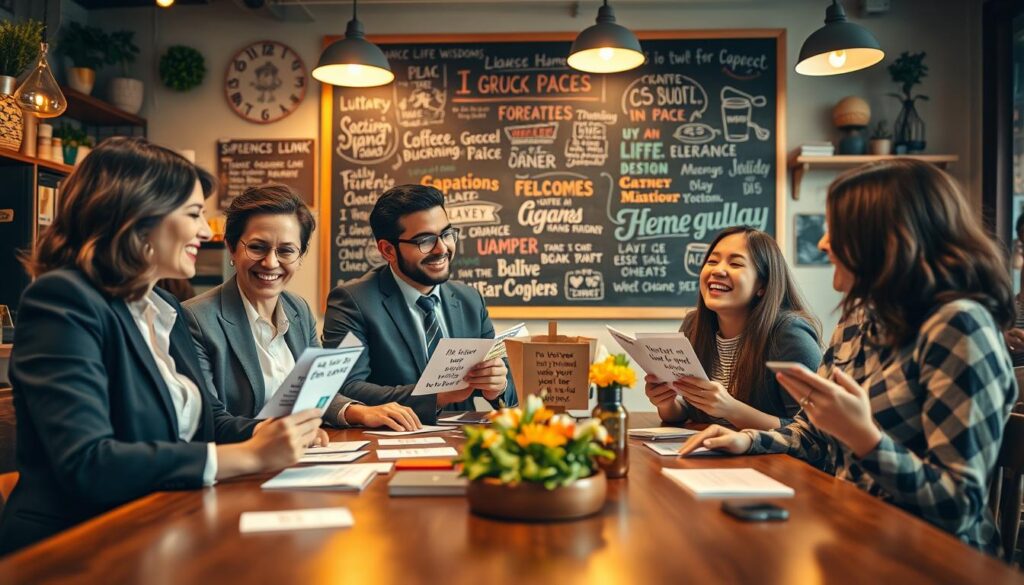 A whimsical scene showcasing practical applications of funny life wisdoms. In the foreground, a diverse group of four professionals – a woman in smart casual attire, a man in a business suit, and two friends in modest but stylish clothing – are gathered around a table, sharing hearty laughter while reading humorous quotes written on colorful cards. The middle ground features a large chalkboard filled with illustrated sayings and doodles, creating a playful atmosphere. The background is bright and vibrant, depicting a cozy coffee shop filled with welcoming decor and cheerful patrons. Soft, warm lighting enhances the jovial mood, while the image is sharply defined using a Sony A7R IV at 70mm with a polarized filter, capturing every detail and expression clearly. A whimsical scene showcasing practical applications of funny life wisdoms. In the foreground, a diverse group of four professionals – a woman in smart casual attire, a man in a business suit, and two friends in modest but stylish clothing – are gathered around a table, sharing hearty laughter while reading humorous quotes written on colorful cards. The middle ground features a large chalkboard filled with illustrated sayings and doodles, creating a playful atmosphere. The background is bright and vibrant, depicting a cozy coffee shop filled with welcoming decor and cheerful patrons. Soft, warm lighting enhances the jovial mood, while the image is sharply defined using a Sony A7R IV at 70mm with a polarized filter, capturing every detail and expression clearly.