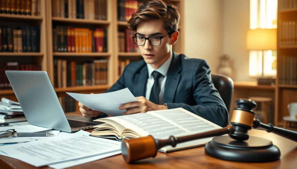 A young adult in a professional business attire, sitting at a desk cluttered with legal documents and a laptop, symbolizes "beschränkte Geschäftsfähigkeit". The foreground focuses on their thoughtful expression, as they analyze a contract. In the middle ground, an open law book lies next to a gavel, representing legal frameworks and restrictions. The background features a softly lit office environment with bookshelves filled with legal texts. The scene is shot with a Sony A7R IV at 70mm, ensuring sharp details and clarity. The lighting is warm and inviting, creating a serious yet contemplative atmosphere, highlighting the importance of understanding limited legal capacities. A young adult in a professional business attire, sitting at a desk cluttered with legal documents and a laptop, symbolizes "beschränkte Geschäftsfähigkeit". The foreground focuses on their thoughtful expression, as they analyze a contract. In the middle ground, an open law book lies next to a gavel, representing legal frameworks and restrictions. The background features a softly lit office environment with bookshelves filled with legal texts. The scene is shot with a Sony A7R IV at 70mm, ensuring sharp details and clarity. The lighting is warm and inviting, creating a serious yet contemplative atmosphere, highlighting the importance of understanding limited legal capacities.