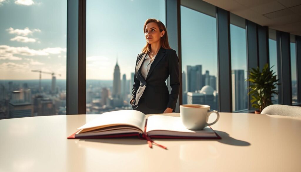 A young professional woman in a modern office, standing confidently at a large window, looking out onto a bustling cityscape. The foreground features a sleek, minimalist desk with an open notebook and a steaming cup of coffee, symbolizing reflection and growth. In the middle ground, the woman, dressed in smart business attire, gazes thoughtfully, embodying the theme of perspective shift. The background reveals a vibrant skyline under a bright blue sky, suggesting opportunities and new horizons. The lighting is natural, with sunlight streaming in, creating a warm, optimistic atmosphere. The image is shot with a Sony A7R IV at 70mm, with a sharply defined focus and a polarized filter, enhancing the clarity and vibrancy of the scene. The mood is one of empowerment and determination, reflecting challenges viewed as opportunities.