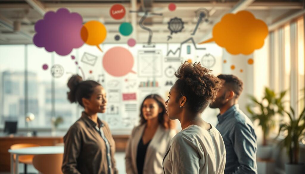 An abstract representation of "cognitive flexibility" featuring a diverse group of professionals engaged in a brainstorming session. In the foreground, three individuals of varying ethnicities are surrounded by colorful, swirling thought bubbles depicting various ideas and concepts. The middle ground showcases a large glass board filled with notes and diagrams that symbolize creativity and collaboration. In the background, a bright, modern office space illuminated by soft, natural light streaming through large windows, creating a warm atmosphere. The scene is shot with a Sony A7R IV at 70mm, ensuring clear focus and sharp definition. The overall mood is dynamic and inspiring, reflecting the essence of flexible thinking and the expansion of perspectives. An abstract representation of "cognitive flexibility" featuring a diverse group of professionals engaged in a brainstorming session. In the foreground, three individuals of varying ethnicities are surrounded by colorful, swirling thought bubbles depicting various ideas and concepts. The middle ground showcases a large glass board filled with notes and diagrams that symbolize creativity and collaboration. In the background, a bright, modern office space illuminated by soft, natural light streaming through large windows, creating a warm atmosphere. The scene is shot with a Sony A7R IV at 70mm, ensuring clear focus and sharp definition. The overall mood is dynamic and inspiring, reflecting the essence of flexible thinking and the expansion of perspectives.