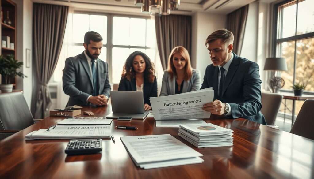An elegant office setting depicting the concept of forming an open trading partnership (OHG). In the foreground, a diverse group of three professionals in business attire are gathered around a polished wooden table, reviewing documents and discussing ideas. One individual is pointing at a legal document marked "Partnership Agreement." In the middle, various business-related items such as a laptop, a calculator, and a stack of financial reports create a sense of collaboration and seriousness. In the background, large windows allow natural light to flood the room, casting soft shadows and highlighting the contemporary decor. The atmosphere is focused and professional. Shot on a Sony A7R IV with a 70mm lens, the image is sharply defined, with a polarized filter enhancing the contrast and richness of colors, resulting in an inviting yet serious mood.