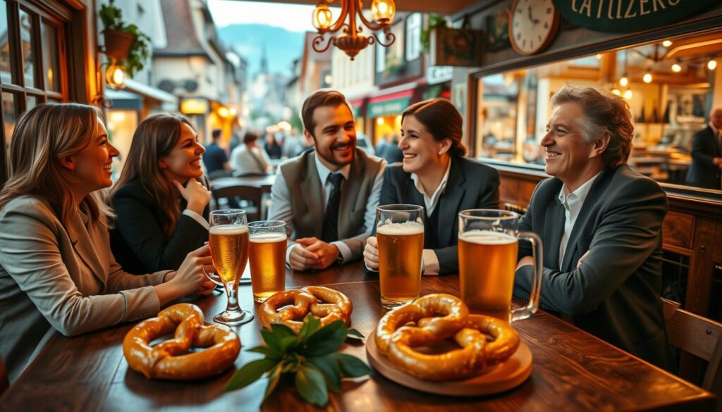 An enchanting scene celebrating "deutsche Kultur," featuring a traditional German café filled with laughter and friends sharing humorous sayings. In the foreground, a table is adorned with hearty Bavarian pretzels, a glass of beer, and a charming group of professional-looking individuals in smart casual attire, animatedly discussing witty life quotes. The middle ground includes cozy café interiors with classic wooden furniture and accents of traditional German decor. In the background, a picturesque view of a bustling street in a quaint village, capturing the essence of German community spirit. The mood is warm and inviting, illuminated by soft, golden lighting that enhances the welcoming atmosphere. Shot with a Sony A7R IV at 70mm, clearly focused and sharply defined, using a polarized filter to bring out vibrant colors and rich details. An enchanting scene celebrating "deutsche Kultur," featuring a traditional German café filled with laughter and friends sharing humorous sayings. In the foreground, a table is adorned with hearty Bavarian pretzels, a glass of beer, and a charming group of professional-looking individuals in smart casual attire, animatedly discussing witty life quotes. The middle ground includes cozy café interiors with classic wooden furniture and accents of traditional German decor. In the background, a picturesque view of a bustling street in a quaint village, capturing the essence of German community spirit. The mood is warm and inviting, illuminated by soft, golden lighting that enhances the welcoming atmosphere. Shot with a Sony A7R IV at 70mm, clearly focused and sharply defined, using a polarized filter to bring out vibrant colors and rich details.
