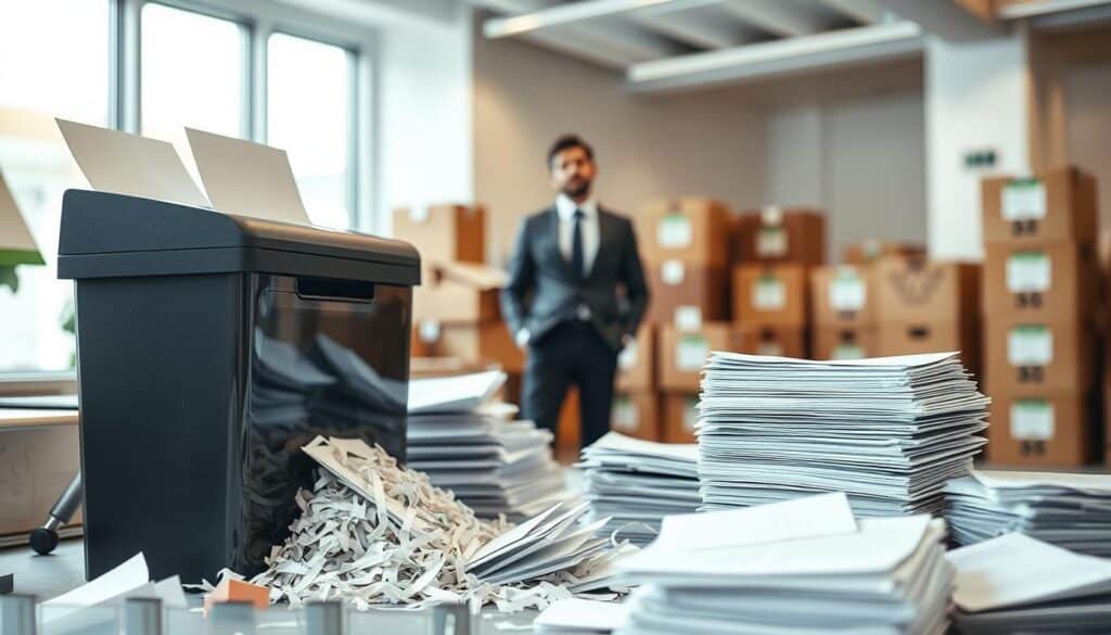 An office environment showcasing document destruction and secure data disposal. In the foreground, a high-quality paper shredder processing confidential files, emphasizing the importance of data security. In the middle ground, organized stacks of files waiting to be shredded, with a professional individual wearing business attire overseeing the process, ensuring a meticulous approach to data privacy. In the background, a well-lit office space with boxes labeled for disposal and recycling, giving a sense of urgency and efficiency to the office clearance. The image captures a bright, clean atmosphere, shot with a Sony A7R IV at 70mm, featuring clear focus and sharp definition, enhanced by a polarized filter to reduce glare and improve color depth. The mood conveys professionalism and a stress-free approach to office relocation.