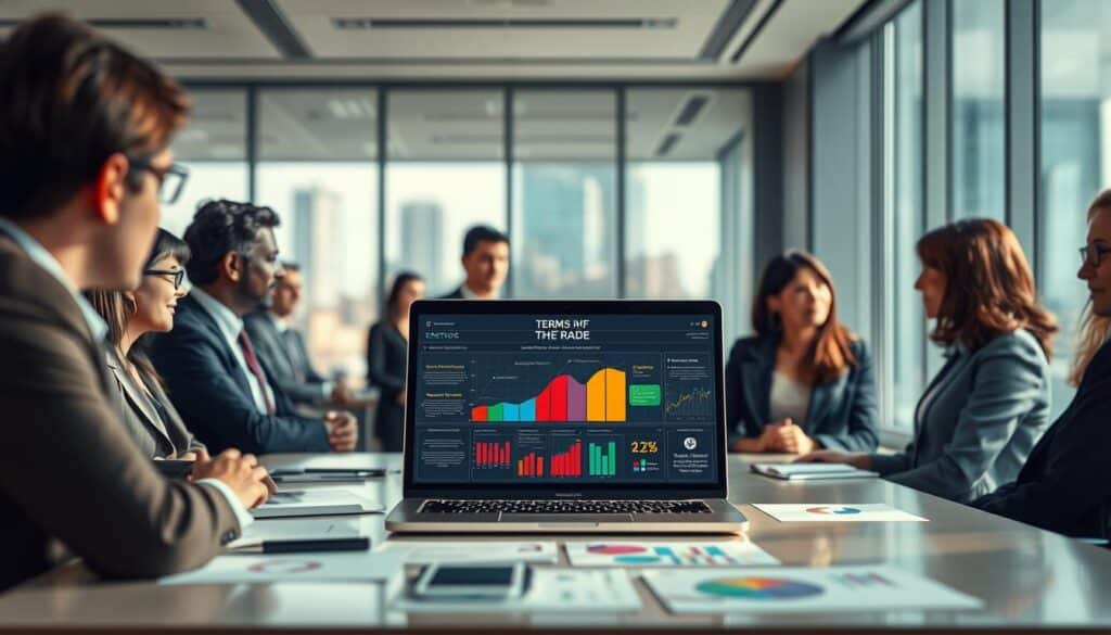 Create a visually striking illustration of the concept "Definition der Terms of Trade." In the foreground, depict a formal business setting with a diverse group of professionals in business attire engaged in a discussion, surrounded by charts and graphs detailing trade data. In the middle ground, include an open laptop displaying a colorful infographic illustrating the factors affecting terms of trade. The background should feature a bright, modern office with floor-to-ceiling windows showing a bustling cityscape. The lighting is bright and balanced, accentuating the details of the scene, captured with a Sony A7R IV at 70mm, using a polarized filter for sharp definition. Aim for a clear, focused perspective that conveys a dynamic and informative atmosphere, emphasizing the importance of the concept in economics.