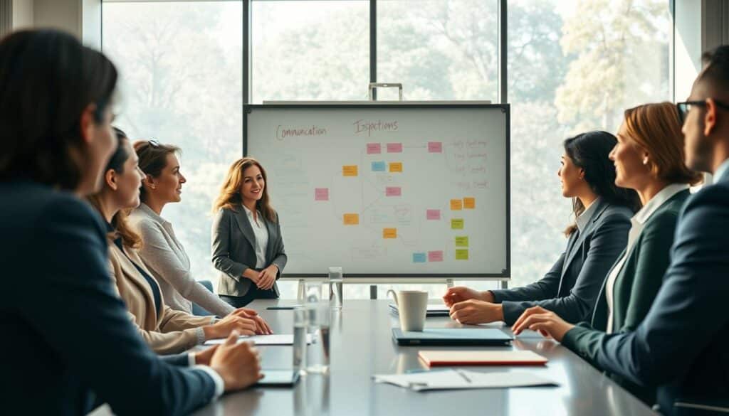 Depict a vibrant office scene illustrating the advantages of improved communication skills. In the foreground, a diverse group of professionals, dressed in smart business attire, are engaged in a lively discussion around a modern conference table, showcasing body language that indicates enthusiasm and understanding. In the middle ground, a large whiteboard filled with clear, colorful diagrams and flowcharts highlights key points of effective communication. The background features large windows allowing natural light to flood in, creating a bright and welcoming atmosphere. The scene should evoke a mood of collaboration and productivity, shot with a Sony A7R IV at 70mm, clearly focused, with a polarized filter to enhance the clarity and richness of colors.