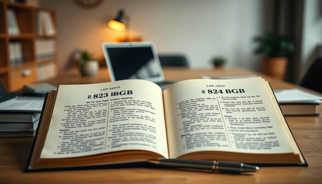 Foreground features two open law books, one displaying § 823 BGB prominently on one page and § 824 BGB on the other, with sharply defined text and clear illustrations outlining key legal concepts. The middle ground has a well-organized desk with a sleek laptop, a pen, and scattered notes, suggesting a professional work environment. In the background, a blurred office setting with soft ambient lighting creates a calm, focused atmosphere. The lighting is warm and inviting, illuminating the books and desk while casting soft shadows. Shot with a Sony A7R IV at 70mm, ensuring clarity in detail and a sense of depth in the composition, evoking a mood of professionalism and seriousness regarding civil law. Foreground features two open law books, one displaying § 823 BGB prominently on one page and § 824 BGB on the other, with sharply defined text and clear illustrations outlining key legal concepts. The middle ground has a well-organized desk with a sleek laptop, a pen, and scattered notes, suggesting a professional work environment. In the background, a blurred office setting with soft ambient lighting creates a calm, focused atmosphere. The lighting is warm and inviting, illuminating the books and desk while casting soft shadows. Shot with a Sony A7R IV at 70mm, ensuring clarity in detail and a sense of depth in the composition, evoking a mood of professionalism and seriousness regarding civil law.