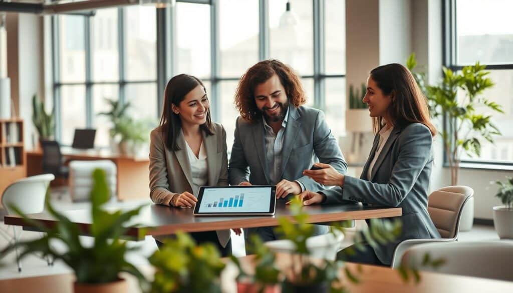 In a contemporary office environment, a diverse group of three professionals collaborating around a large table, showcasing the concept of "job sharing." The foreground features two women and one man, all dressed in smart business attire, discussing dynamic charts and graphs displayed on a digital tablet. The middle ground highlights modern furnishings, including ergonomic chairs and greenery, creating an inviting atmosphere. The background shows large windows with natural light flooding the space, illuminating the scene with a warm glow. The image should convey a sense of teamwork and satisfaction, symbolizing employer branding and employee happiness. Shot on a Sony A7R IV with a 70mm lens, ensuring clear focus and sharp definitions, enhanced with a polarized filter to reduce glare and enrich colors. In a contemporary office environment, a diverse group of three professionals collaborating around a large table, showcasing the concept of "job sharing." The foreground features two women and one man, all dressed in smart business attire, discussing dynamic charts and graphs displayed on a digital tablet. The middle ground highlights modern furnishings, including ergonomic chairs and greenery, creating an inviting atmosphere. The background shows large windows with natural light flooding the space, illuminating the scene with a warm glow. The image should convey a sense of teamwork and satisfaction, symbolizing employer branding and employee happiness. Shot on a Sony A7R IV with a 70mm lens, ensuring clear focus and sharp definitions, enhanced with a polarized filter to reduce glare and enrich colors.