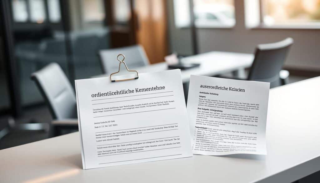 In a professional office setting, two business documents representing "ordentliche Kündigung" and "außerordentliche Kündigung" are prominently displayed on a sleek, modern desk. The first document is neatly bundled with a paperclip, showcasing formal language and signature spaces, while the second appears more urgent, slightly crumpled, reflecting its spontaneous nature. In the background, a blurred view of a conference room with a glass wall can be seen, hinting at discussions about employment law. Soft, diffused lighting creates a serious yet calm atmosphere, enhancing the focus on the documents. The scene is shot with a Sony A7R IV at 70mm, delivering rich colors and sharp details, with a polarized filter to minimize glare and ensure clarity.