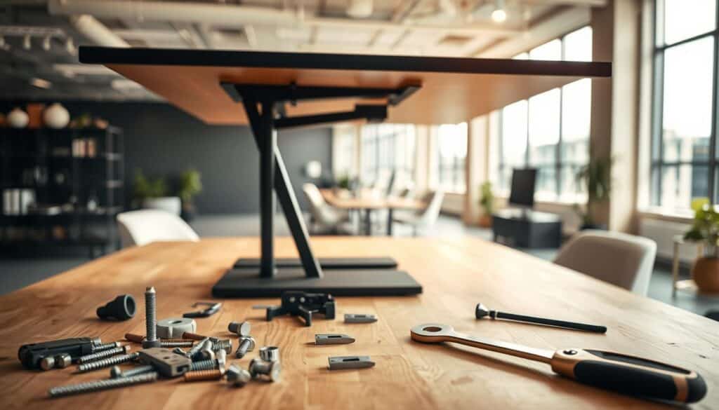 Montage of an adjustable height desk installation in a modern office setting, featuring a step-by-step visual guide. In the foreground, tools and parts neatly arranged on a wooden work surface, including screws, brackets, and a wrench. The middle layer showcases a partially assembled desk, highlighting its sleek design and mechanical components, including the height adjustment mechanism. In the background, a bright, spacious office with large windows allowing natural light to flood the space, creating a vibrant atmosphere. Shot with a Sony A7R IV at 70mm, the image is sharply defined and clearly focused, enhanced with a polarized filter to reduce glare and maintain clarity. The mood is professional and inspiring, encouraging ergonomic working practices.