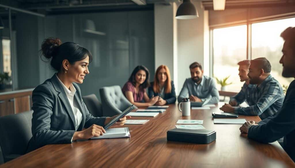 a diverse team of professionals engaged in a brainstorming session around a large conference table, illustrating collaboration and compromise. In the foreground, a woman in a business suit and a man in smart casual attire passionately discuss ideas, with notebooks and digital devices visible. In the middle, a mix of individuals from different backgrounds contribute, showcasing various expressions of thoughtfulness and agreement. The background features a modern office with large windows letting in soft, natural light, casting gentle shadows. The scene is shot on a Sony A7R IV at 70mm, ensuring a clear focus on the team, with a polished and professional atmosphere that conveys teamwork and shared goals.